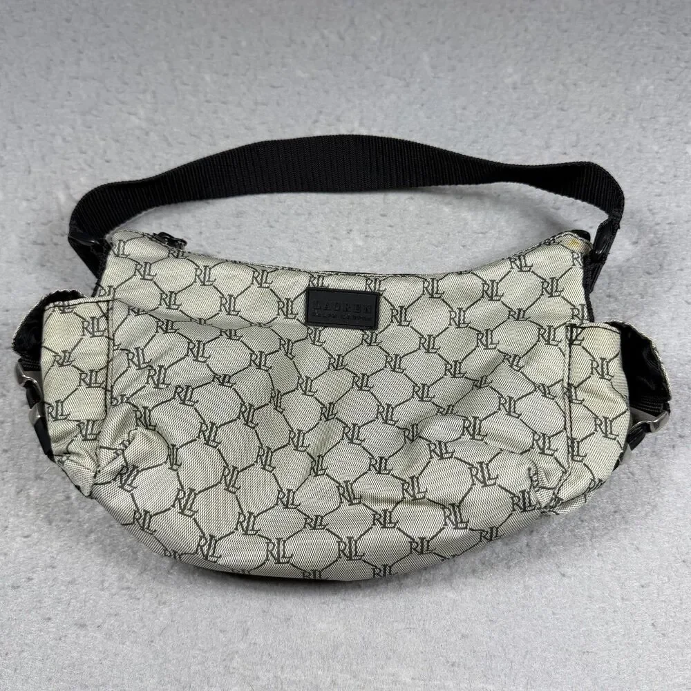 Lauren Ralph Lauren Monogram Nylon Shoulder Bag Beige Tan Baguette Purse
